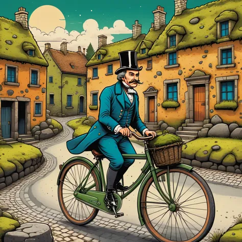 aesthetics of vector graphics, surreal image of an 18th century gentleman on a retro bicycle, riding a bicycle along the street ...