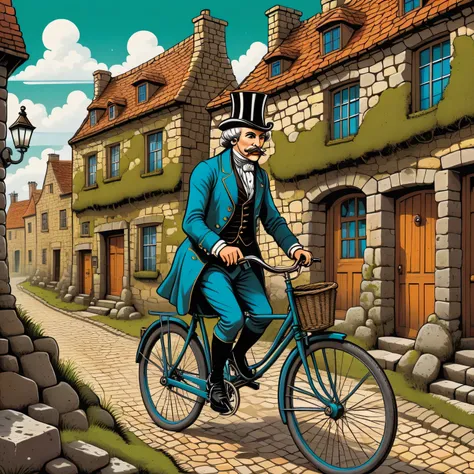 Aesthetics of vector graphics, surreal image of an 18th century gentleman on a retro bicycle, riding a bicycle along the street of a drawn ancient city, houses made of stones covered with moss and grass, surreal image of a retro bicycle, vector graphics, h...