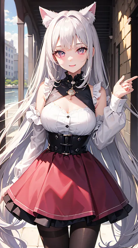 masterpiece,highest quality,Highly detailed face,fine grain,Waterfront,bubble,Sparkling eyes,Highlighted eyes,Center of chest,pretty girl,smile,Cat ear,Beautiful silver hair,Pink inside,Beautiful pink eyes,Oversized shirt、skirt、black tights
