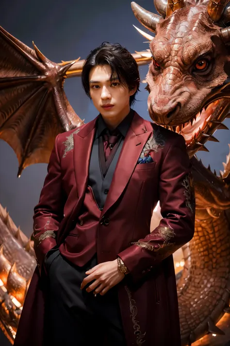 anime man in a suit and tie with a dragon in the background, dragon - inspired suit, by yang j, human and dragon fusion, handsom...