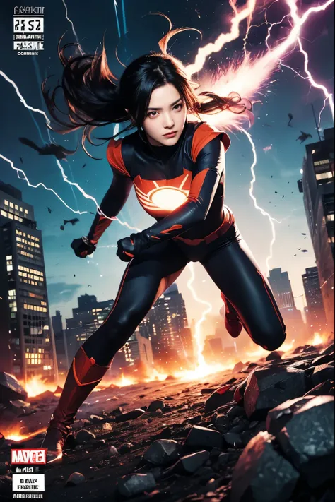 Sarada Uchiha,bodysuit, comic book cover style，comic book cover title,superhero land,city, action,fight,black eye,explosion,purple,Lightning,Orange,Red,pink