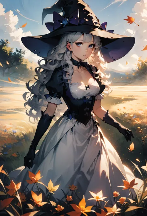 score_9, score_8_up, score_7_up, 1girl, witch hat, hat, solo, long hair, flower, dress, choker, puffy sleeves, looking at viewer, grass, white dress, bow, hat bow, white hair, black choker, plant, outdoors, blue eyes, purple eyes, black headwear, bangs, lo...