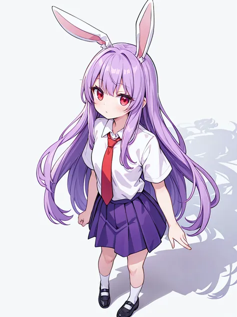 masterpiece, top quality, super detailed, CG illustration, high resolution, better lighting, best shadows, very delicate and beautiful, proper shading, hd, 8k,reisen udongein inaba, 1girl, solo, long hair, skirt, shirt, red eyes, white background, animal e...