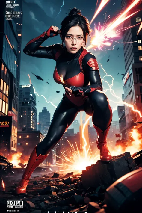 Sarada Uchiha,bodysuit, comic book cover style，comic book cover title,superhero land,city, action,fight,black eye,explosion,purple,Lightning,Orange,Red,pink