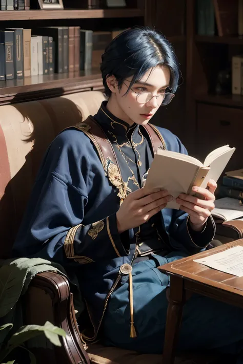 Blue hair, male, about 16-17 years old, wears glasses, wears a blue mage outfit. sitting and reading a book