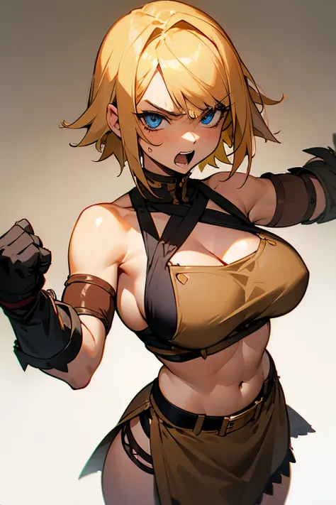 Girl, Barbarian, warrior, short blonde hair, wearing a brown apron with a belt, beautiful blue eyes, big breasts, exposed stomach, bare shoulders, angry, open mouth 