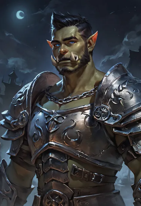 score_9, score_8_up, score_7_up, rating_safe, concept art, digital art, realistic, 1boy, solo, male focus, mature male, orc, green skin, tusks, blue eyes, short hair, black hair, facial hair, beard, mustache, looking at viewer, armor, shoulder armor, breas...
