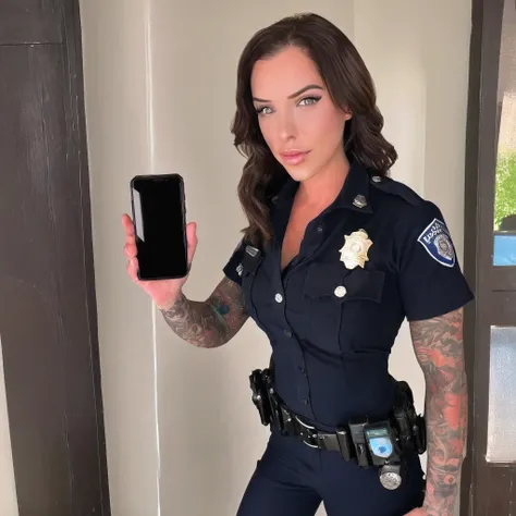 Laurence bedard in a police uniform holding a cell phone, wearing a police uniform, police officer, police lights shine on her face, brave police j decker face, officer, bodycam, police uniform, full body camera shot, in black uniform, bodycam footage, spa...