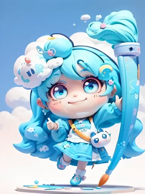 A cute chibi kawaii style drawing，Depicts a blue-haired girl holding a paintbrush，The other hand is giving a thumbs up，Happy and smiling，She has big eyes，Vibrant colors。A lovely cloud above her head，The background should be pure white，Give it high quality、...