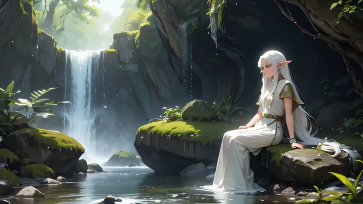 A fantasy clearing with a small waterfall and rock to go under it, an elf with long white hair and white clothes is sitting on a rock