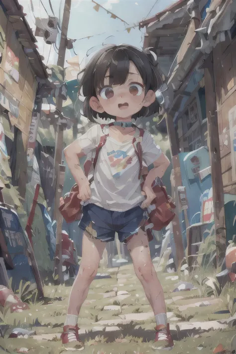 (Ultra-realistic,32k, masterpiece:1.2),(Skin with attention to detail:1.1),( 8K Ultra HD, Digital SLR, high quality:1.1),
 One Girl, Black Hair, Messy Hair,Shorts, White shirt, Lock, choker,Crouched in the back alley、Dead Eyes、Thighs、Dirty clothes　Dirty Sk...