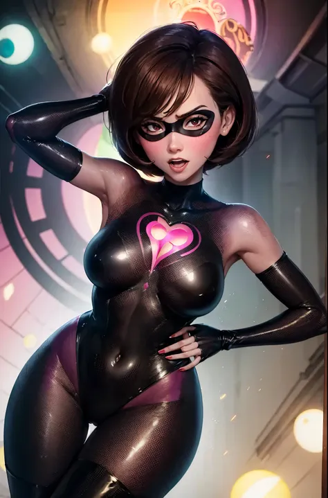 helen parr. torogao. smile. blush, (tears:0.6), open mouth. saliva, saliva trail. black mask. dark costume. brown hair. transpar...