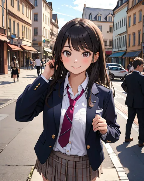 a cute girl, beautiful hair, Wearing a blazer uniform, Wearing a tie, smile, wailing in the town square, front view,