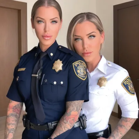 Laurence bedard in a police uniform holding a cell phone, wearing a police uniform, police officer, police lights shine on her face, brave police j decker face, officer, bodycam, police uniform, full body camera shot, in black uniform, bodycam footage, spa...
