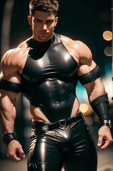 photo of male,, big biceps, bulge, ((light bokeh)), intricate, elegant, erotic, exuding sexual energy, (masterpiece), ((island beach)), (detailed face),wearing tight black leather tank top vest, leather pants with belt,black leather arm sleeve covering his...