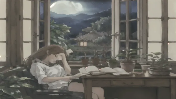 night room、girl reading a book at the desk(look down)、brown hair、houseplants in the room、moonlight from the window、you can see t...