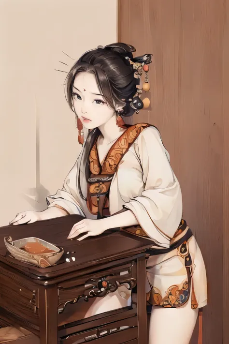 ((chinese traditional ink image, hanfu)), drooping eyes, ((spread legs, showing off her thighs and groin, pubic hair)), (((stand...