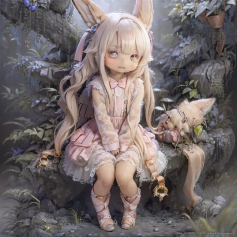 in the garden, smiling girl, similar to nanachi from made in abyss. she is beautiful, beautiful eyes and lips. girl (((chibi sty...