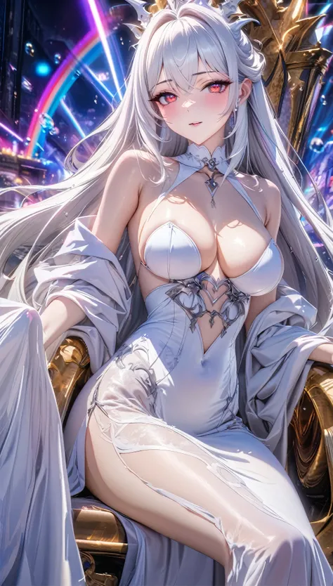 seamless image fusion, best quality, super fine, 16k, incredibly absurdres, extremely detailed, delicate and dynamic, beautiful and adorable white demon queen, silky straight white hair, captivating look, aroused expression, wearing iridescent pure white l...