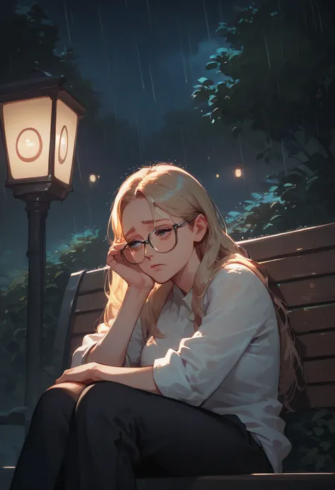 score_9, score_8_up, score_7_up, 1girl, sitting on a bench in a park at night, dusk, lantern light, sad, raining, head resting on hands, blonde hair, long hair, nerdy glasses , expressiveH ,Expressiveh