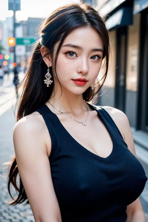 Urban beautiful girl college student, masterpiece, light makeup, Red lips, Silver Hair, Disheveled long hair, Street background, beautiful, elegant. Extremely fine detail, Master Works, Authentic texture, Realism in film lighting, Perfect job, 16k, High re...