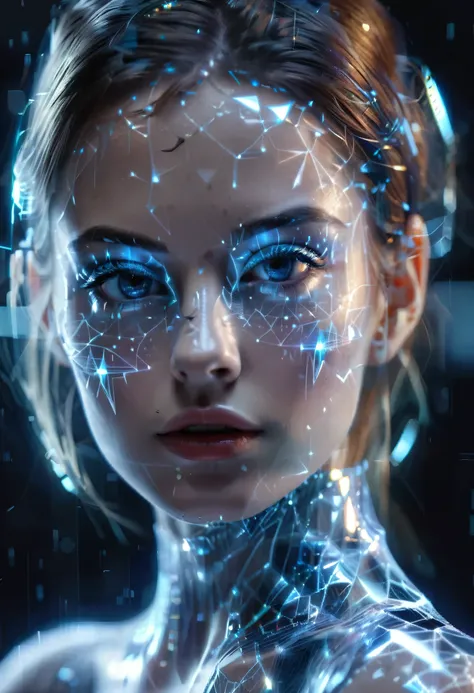 3D Hologram, futuristic, beautiful white crystal android girl with enhanced, cell, intensity and biological features amplified ,fullbody