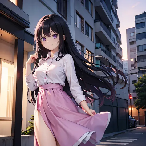 Black hair, purple eyes, long hair, pink dress, white skin, outside apartment, medium breast, standing, happy, tucked shirt, evening, dusk, daytime