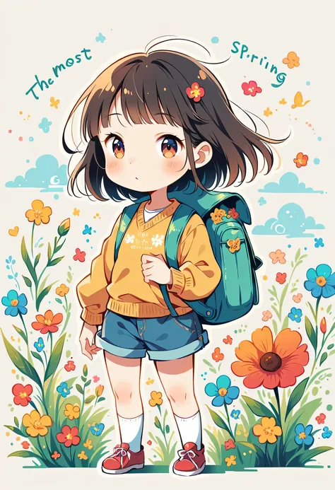 Fujichoco style, Standing in front of a high wall，Girl with backpack on rooftop，My backpack is full of happy spring，Simple Line Initialism，Abstract art，Urban Background, (((The most beautiful girl))),