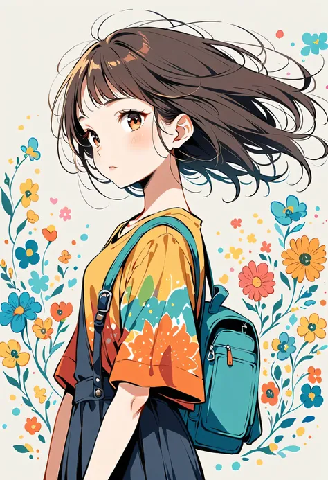 Fujichoco style, Standing in front of a high wall，Girl with backpack on rooftop，My backpack is full of happy spring，Simple Line Initialism，Abstract art，Urban Background, (((The most beautiful girl))),