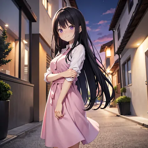 Black hair, purple eyes, long hair, pink dress, white skin, outside apartment, medium breast, standing, happy, tucked shirt, evening, dusk, daytime, happy, blush