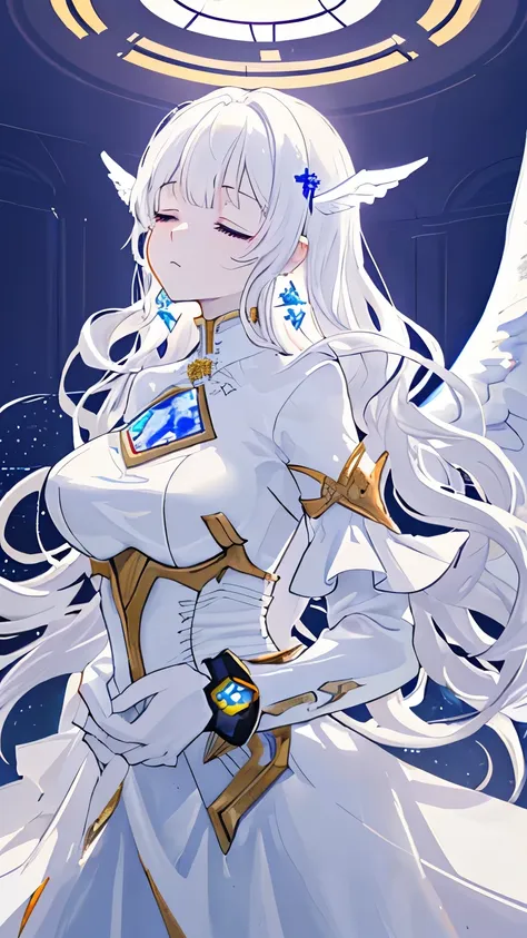 ((best quality)), ((masterpiece)), (detailed face and eyes:1.2), perfect face, white hair, curly hair, long hair, hairclip, clos...