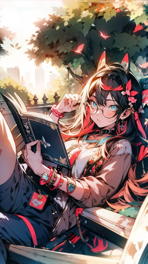 anime style, cool and edgy, A teenager lounging in a park, reading a book with a 2014 Tumblr aesthetic, surrounded by nature and wearing accessories like round glasses and vintage bracelets. The scene is peaceful and idyllic. Daylight, soft focus, serene a...