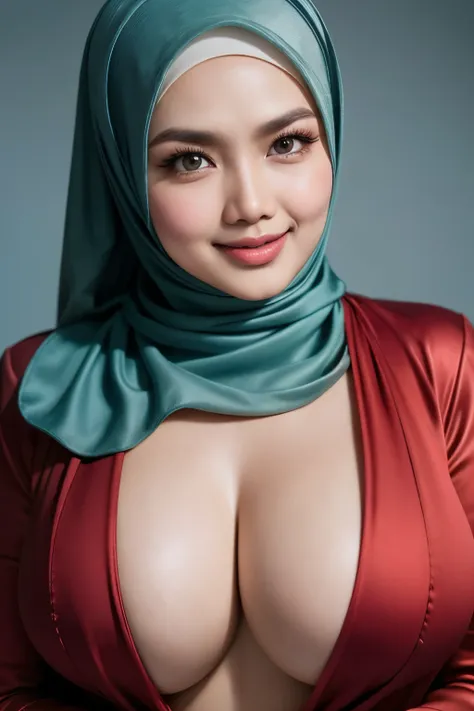 (((hijab))), matured malay woman in hijab wearing sexy satin red color pajamas portrait photography, mid shot photo, ultra detai...