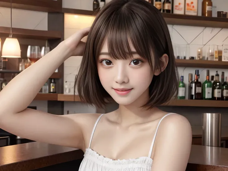 Product quality,photograph、 8k wallpaper、 One girl, Upper Body Shot, Front view, Young and beautiful woman in Japan, 、Idol、15 years old、bar、With a smile, attractive、White clothing、Floral clothes、Silk Camisole、Wearing a pleated miniskirt, Super cute face, G...