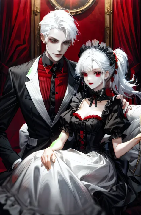 maid,Red and black clothes,white hair,skull