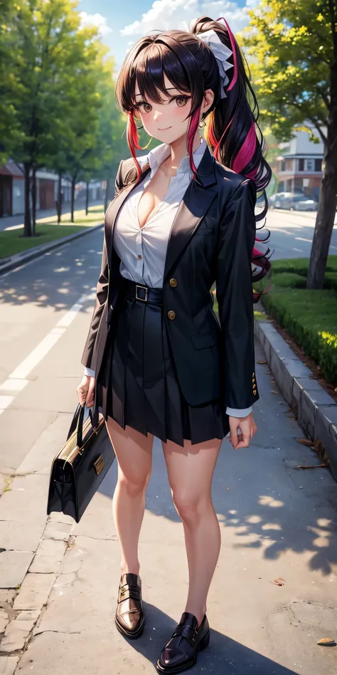 1girl, full body, solo, summer, village, trees, sun, clouds, ((colorful hair)), long hair, curly hair, ponytail, large breasts, ((black blazer)), button down shirt, ((white shirt)), ((short sleeved shirt)), ((unbuttoned shirt)), unbuttoning buttons, cleava...