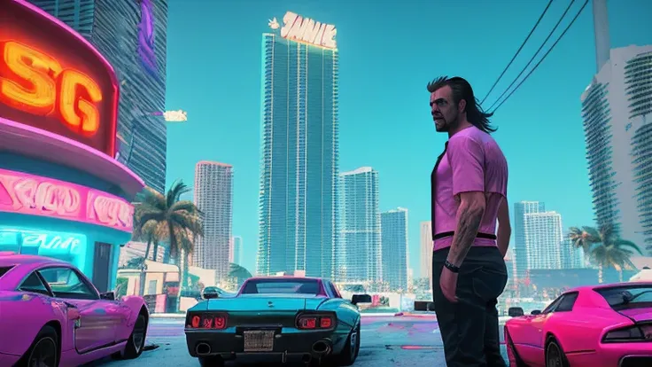 a gameplay scene of gta 6 in miami city,third person view,character in the foreground,miami vice color palette,neon lights,cinem...