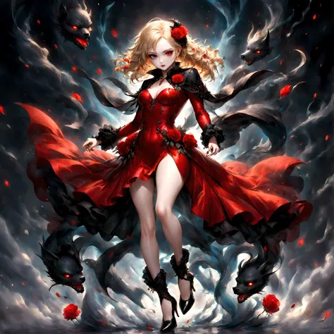 modisn disney, Arafed, action shot, Dark fantasy art, fantasy art, goth art, a picture of a female vampire, exquisite beauty, full body shot, dark glamour shot, pale white skin, blond hair, long hair, wavy hair, (glowing grey: 1.3) eyes, she wears a (red: ...