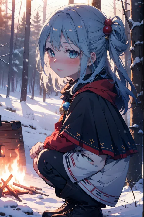 konosubaAqua, Aqua, Long Hair, blue eyes, hair ornaments, very Long Hair, Blue Hair, Hair Ring, シングルHair Ring, Hair ties,smile,smile,blush,White Breath,
Open your mouth,snow,Ground bonfire, Outdoor, boots, snowing, From the side, wood, suitcase, Cape, Blur...