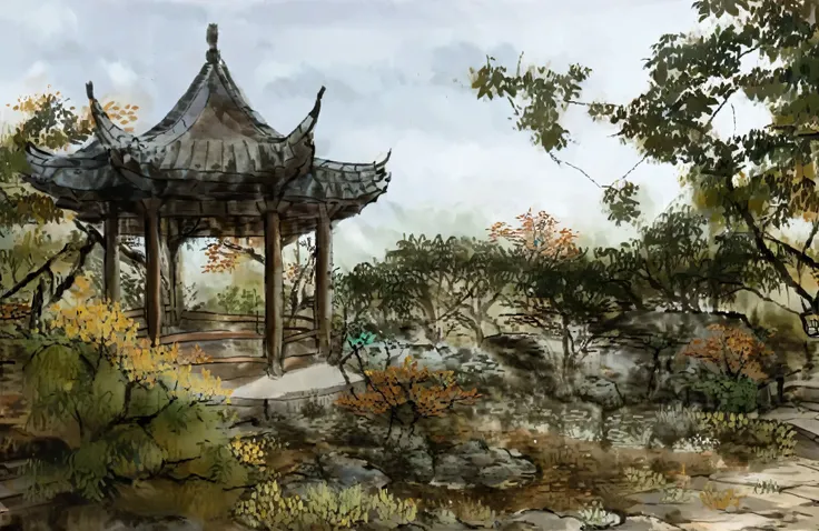 This is an ink painting，Freehand ink painting，Fan Zeng style，garden，Bridge Leaves Color Ochre（，（Small green））There is a pagoda in the middle of the garden.，There is another bridge, ancient Chinese Architecture, Chinese Architecture,Chinese Village, The bea...