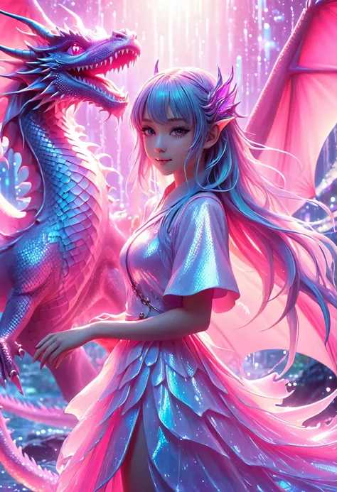 masterpiece, best quality, (Anime:1.4), pastel anime dragon girl, slime, wet look, shimmering lights, dragon in background, whirls of vapor, iridescent textures, dragon scales, dragon horns, dragon wings, translucent scales, soft neon pink light, ethereal ...