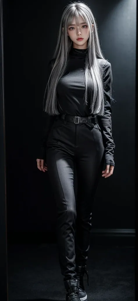 waist belt,Military Uniforms,pants,black military uniform,whole body,Height: 168cm,almond shape eyes,{{{{{silver eyes}}}}},{{{{{dull bangs}}}}},(slanted eyes},{{whole body},{{{1 girl}}}, long hair, straight hair,{{{{silver hair}}}},{{{tsurime}}},30 years o...