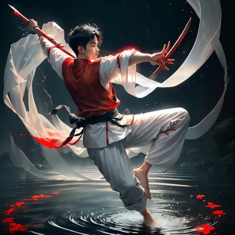 Martial Arts, ((1 Boy)), Solitary, Simple background, Jump with arms stretched out(Red Hanfu:1.4)(Chinese Sword, Holding a sword:1.2) Expressive style, Chinese Martial Arts arts war scenes, Chinese ink painting style, Martial Arts arts style, Long sleev...