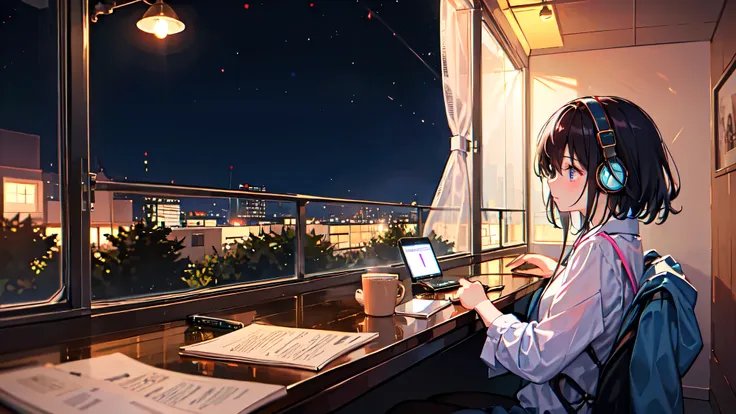 ((1 girl))、black hair、((quiet room at night))、((night view outside the window))、calm expression、((studying))、coffee、((i have hea...