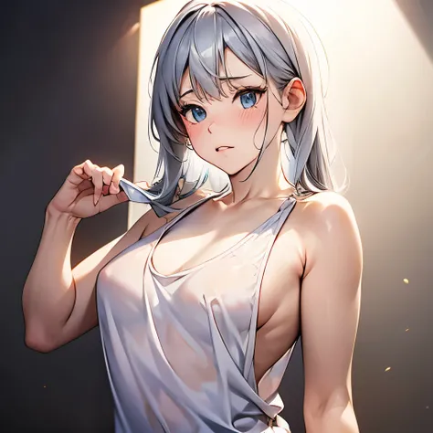 Silver-haired woman, Upper Body, Blushing, White tank top, Flat Chest, Plain background, Spotlight, masterpiece, highest quality, Highest quality