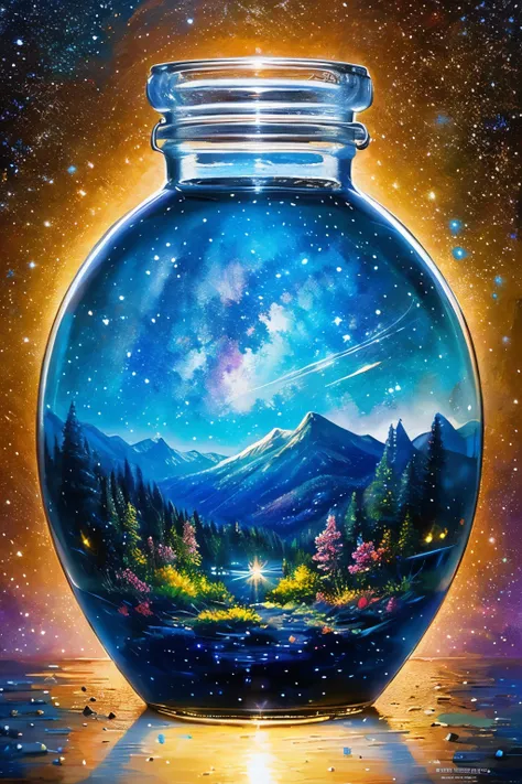 ​masterpiece、top-quality、（Very delicate and beautiful starry sky landscape trapped in a jar）、world masterpiece theater、high-resolutionisometric、top-quality、illustratio、Impasto、canvas、an oil painting、realism、realisitic