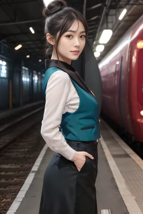 (masterpiece:1.2, highest quality:1.2), 32k hdr, high resolution, (alone、1 girl)、（at the station platform、professional lighting）...