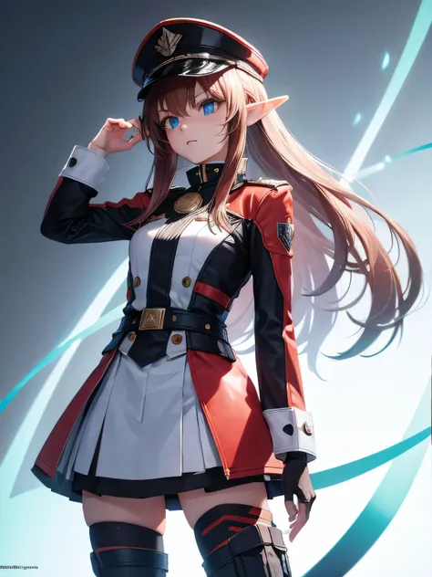 highly detailed 3D rendering of a character named Ulc from SEGAs PSO2. elf-like female with pointed ears, (small gray womans Garrison cap), (long straight dark red hair), (gray futuristic military-style uniform, including a fitted jacket with intricate whi...