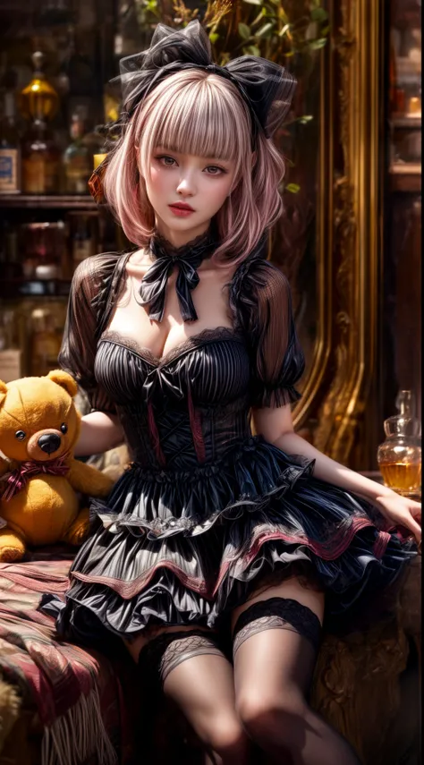 Mature Woman、Pink Hair、Light grey hair、((Two-tone hair))、Black Lolita dress with delicate pink embellishments、Slender women、Cute Woman、 8K Ultra HD,Detailed face、Delicate texture, Long Hair、(((Blunt bangs)))、(((Drill Hair)))、Tutu skirt、thigh length tights、...