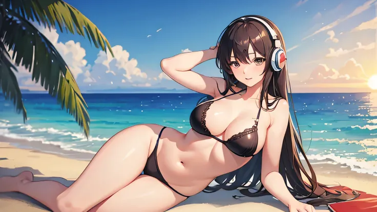 (masterpiece, highest quality: 1.2)156cm tall relaxing on the beach at Copacabana at sunset,Bust 85cm(D-Cup),Waist 58cm,Girl with 84cm hips, Use headphones,Shine,Anime-style 2D,Soft atmosphere,Lo-Fi,Chill